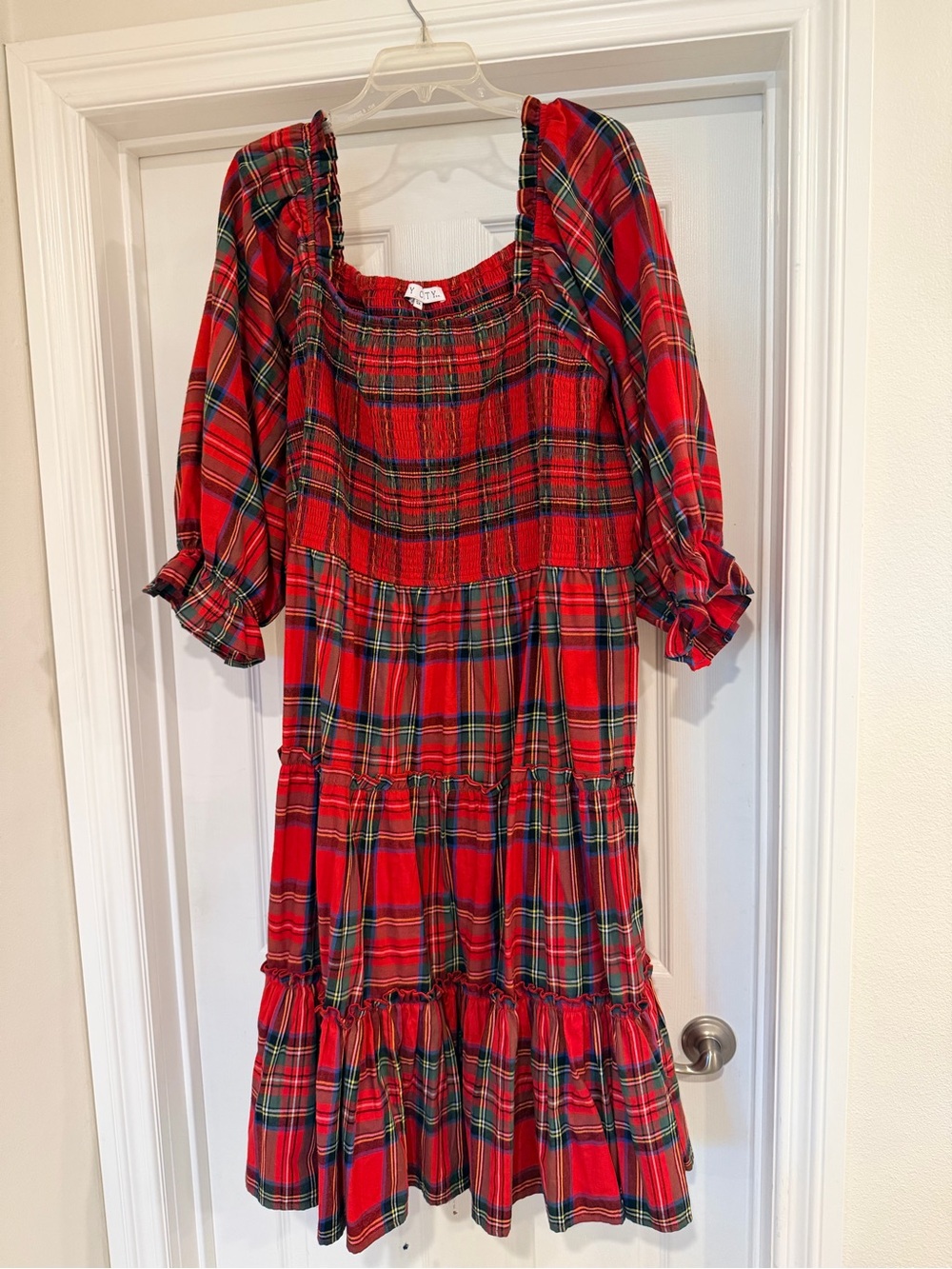 Ivy City Co Red Plaid Midi Dress with Smocked Bodice
